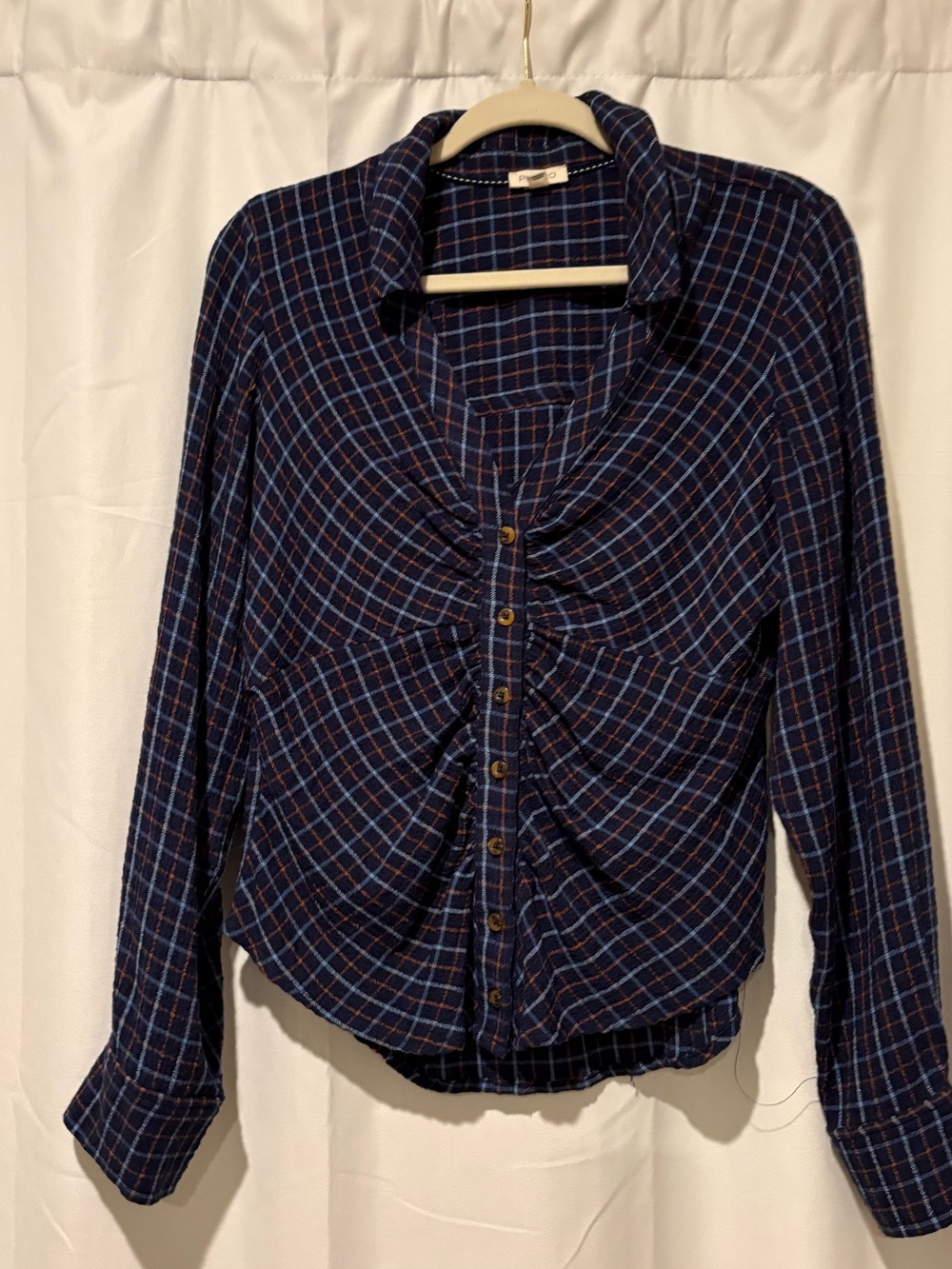 Pilcro Navy and Red Plaid Button-Front Long Sleeve Shirt